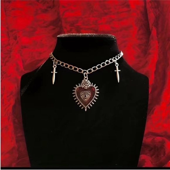 Jewelry - gothic silver-toned choker necklace red heart pendant Devil eye dagger charms.